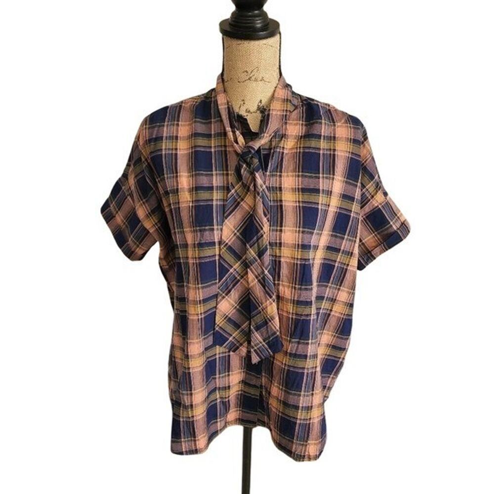 Madewell Plaid Tie Neck Short Sleeve Cotton Button Down Blouse Navy Pink XS